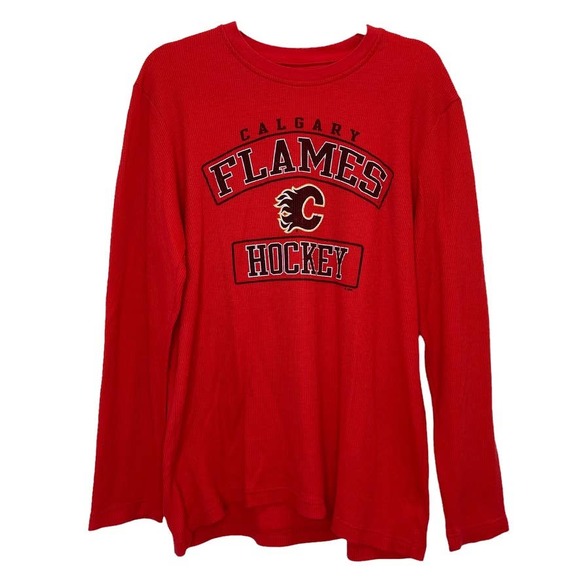Retro Sport Red Waffle Knit Calgary Flames Hockey Long Sleeve Shirt Size Large - Picture 1 of 8